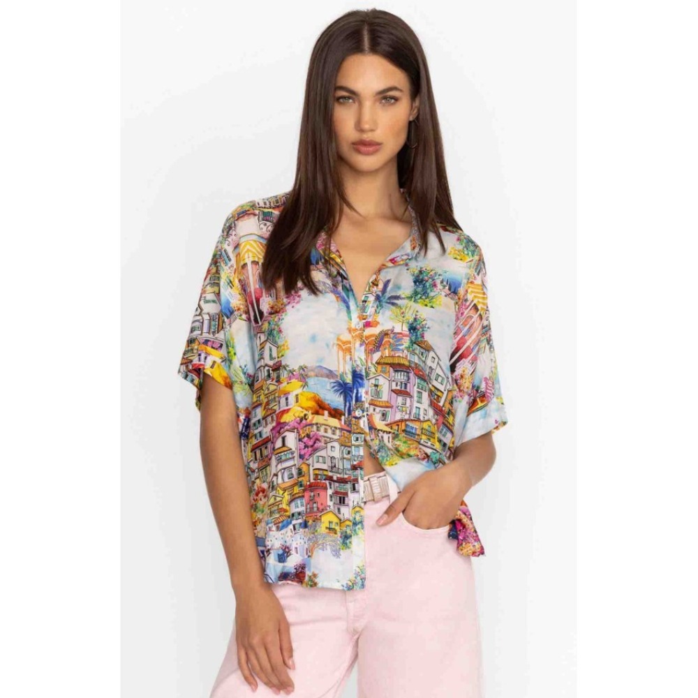 Johnny Was Womens Lynn Button Up Shirt Cannes Print Dolman Sleeve Silk Large